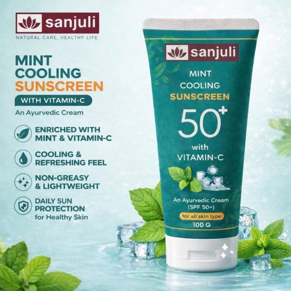 Sanjuli Mint Cooling Sunscreen SPF 50+ with Vitamin C, Neem, Elaichi, Aloevera, Carrot, Glycerine | Ayurvedic Sun Protection Cream with Mint Cooling Effect | Broad Spectrum UVA/UVB | For All Skin Types | Non-Greasy |100g