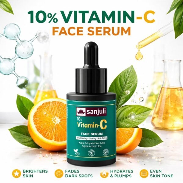 Sanjuli 10%Vitamin C Face Serum 30ml/ for Brightning & Glowing Skin with Kojic, Hyaluronic Acid and Alpha Arbutin & Natural Extracts Like Tomato, Carrot, Grape Seed Extracts \
